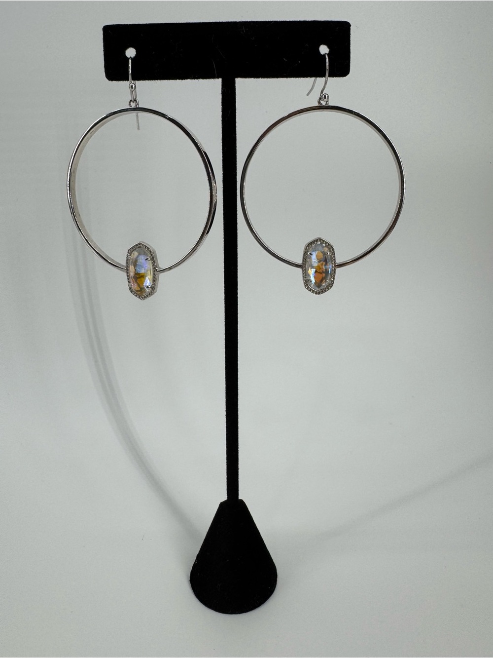 Kendra Scott Silver Hoop Earrings with Iridescent Oval Stones